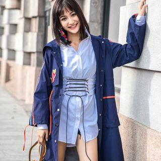 Ribbon Trim Hooded Long Jacket