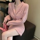 Long-sleeve V-neck Mini Sheath Dress Pink - One Size