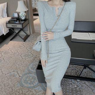 Long-sleeve Midi Sheath Henley Dress