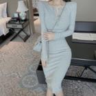 Long-sleeve Midi Sheath Henley Dress