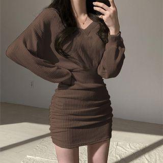 V-neck Long Sleeve Ribbed Bodycon Dress