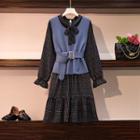 Set: Bell-sleeve Plaid Midi A-line Dress + Vest