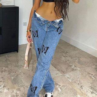 High-waist Butterfly Print Straight-fit Jeans