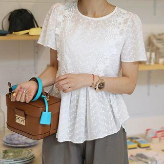 Short-sleeve Eyelet-lace Peplum Blouse Ivory - One Size
