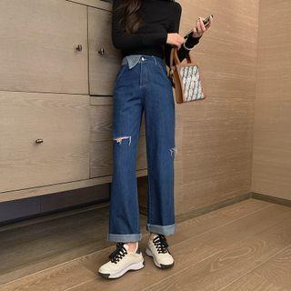 Set: Long-sleeve Top + Ripped Loose-fit Shift High-waist Jeans