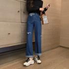 Set: Long-sleeve Top + Ripped Loose-fit Shift High-waist Jeans