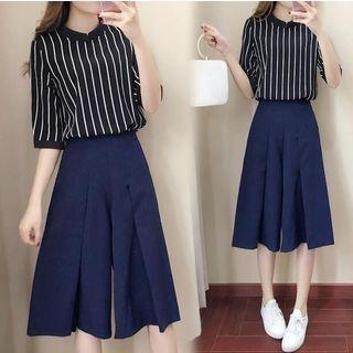 Set: Elbow-sleeve Striped Top + A-line Midi Skirt