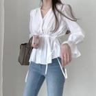 Long-sleeve Frill Trim Buttoned Tie Waist Top White - One Size