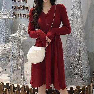 Long-sleeve V-neck Knit A-line Dress Red - One Size