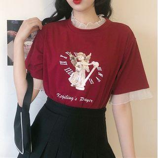 Short-sleeve Mesh Panel Printed T-shirt