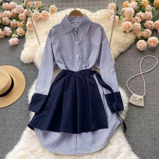 Set Of 2 : Striped Color Block Dress + Wrap A-line Skirt