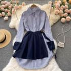 Set Of 2 : Striped Color Block Dress + Wrap A-line Skirt