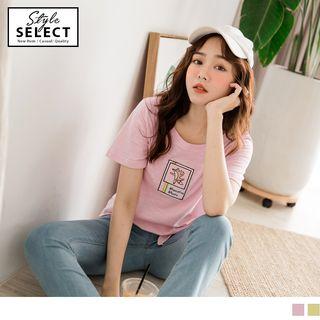 Embroidered Tie-front Short-sleeve Top