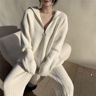 Mock-neck Plain Zip Sweater / Plain Striped Wide Leg Pants