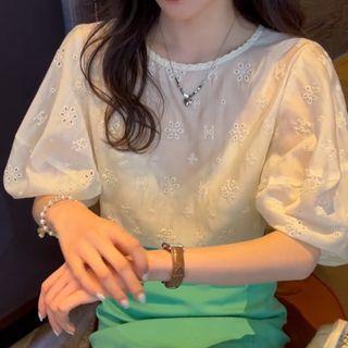 Puff-sleeve Plain Perforated Sheer Blouse
