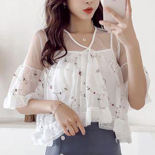 Set: Short-sleeve Embroidered Mesh Top + Camisole