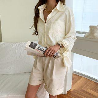Long-sleeve Plain Shirt Cream - One Size