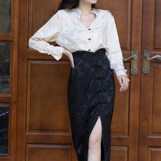 Set: Long-sleeve Frog-buttoned Blouse + Slit Midi Pencil Skirt