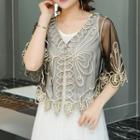 Embroidered Short-sleeve Mesh Capelet