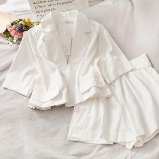 Set: Open-front Lapel Crop Top + Paperbag High-waist Wide Shorts White - One Size