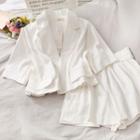 Set: Open-front Lapel Crop Top + Paperbag High-waist Wide Shorts White - One Size