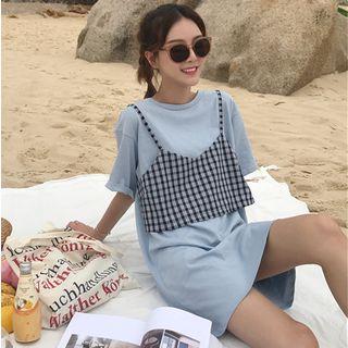 Mock Two-piece Gingham Short-sleeve Dress