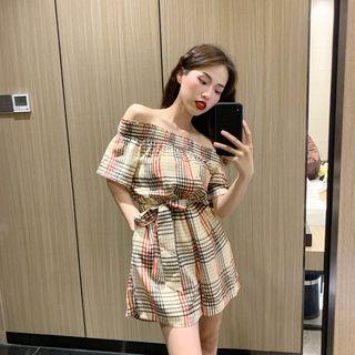 Plaid Off-shoulder Short-sleeve Playsuit