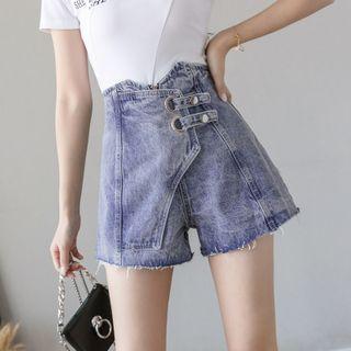High-waist Irregular Frayed Denim Shorts