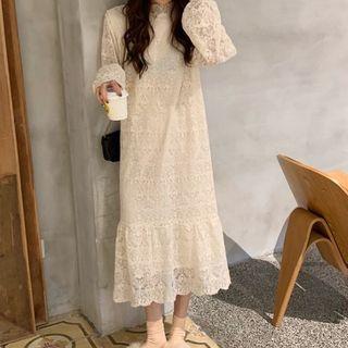 Long-sleeve Mock-neck Lace Midi Dress As Shown In Figure - One Size