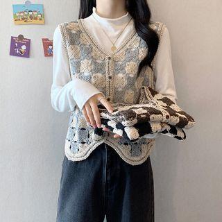 Checkerboard Sweater Vest / Mock-neck Knit Top