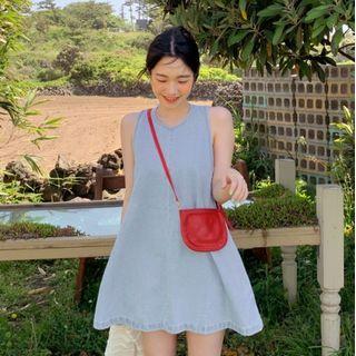 Sleeveless Mini A-line Denim Dress Blue - One Size