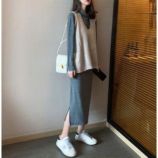 Long-sleeve Mock-neck Midi Shift Dress / Knit Vest / Set
