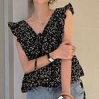 Sleeveless Floral Print Frill Trim Top Black - One Size
