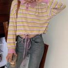 Long-sleeve Striped Cropped Polo Shirt Rainbow Striped - One Size