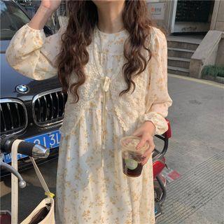 Long-sleeve Floral Midi A-line Dress / Lace Vest