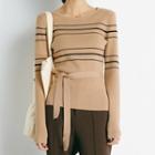 Striped Long-sleeve Knit Top With Sash