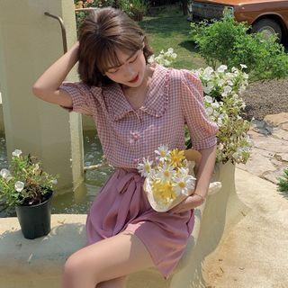 Set: Frilled Trim Collar Check Shirt + Lace-up A-line Shorts