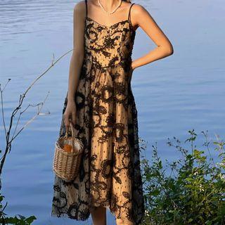 Spaghetti-strap Floral Chiffon Midi A-line Dress
