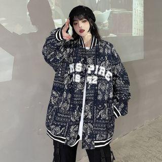 Lettering Paisley Print Baseball Jacket