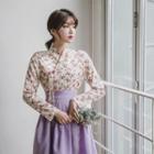 Set: Hanbok Top (floral / Ivory) + Skirt (midi / Light Purple)