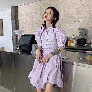 Puff-sleeve Floral Print Shirt / A-line Midi Skirt
