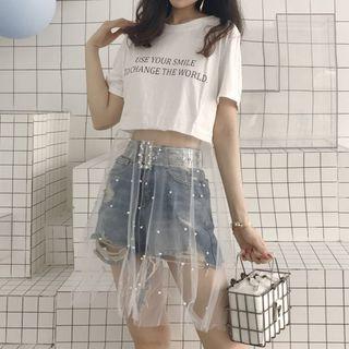 Short-sleeve Lettering Sheer Panel Dress