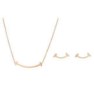 Set: Alloy Smiley Necklace + Ear Stud Set - Gold - One Size