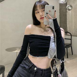 Long-sleeve Two-tone Cropped Top Black & Gray - One Size