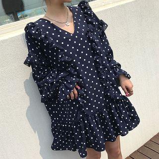 Dotted Long-sleeve A-line Dress As Shown In Figure - One Size
