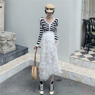 Striped Cardigan / Fringed Midi A-line Skirt
