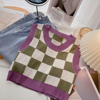 Round Neck Plaid Sweater Vest Green & White - One Size