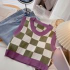 Round Neck Plaid Sweater Vest Green & White - One Size