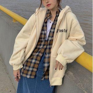 Plaid Shirt / Lettering Zip-up Hoodie