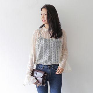Slit-cuff Sheer Lace Top